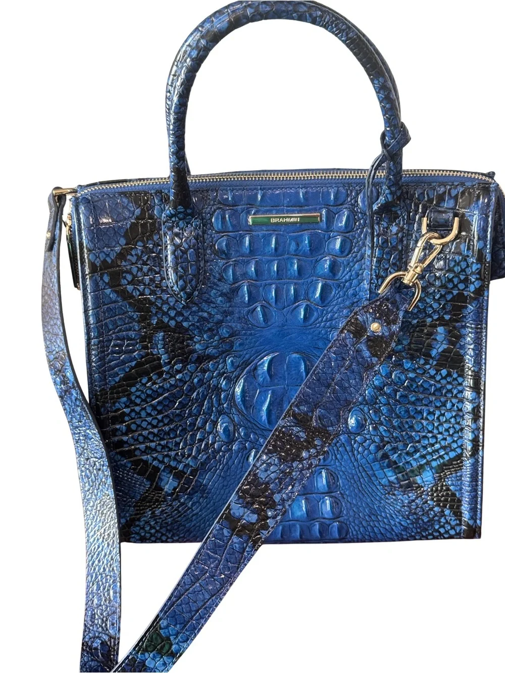 Brahmin Electric Blue Croc-Embossed Satchel with Detachable Strap
